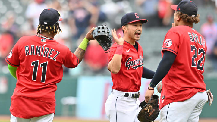 May 7, 2023; Cleveland, Ohio, USA; Cleveland Guardians third baseman Jose Ramirez (11) and left fielder Steven Kwan (38) and first baseman Josh Naylor (22) celebrate after the Guardians beat the Minnesota Twins at Progressive Field. Mandatory Credit: Ken Blaze-USA TODAY Sports