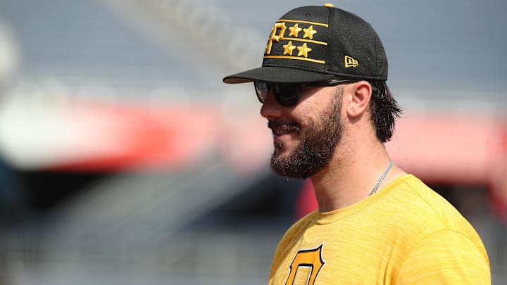 Apr 29, 2025; Pittsburgh, Pennsylvania, USA; Pittsburgh Pirates pitcher Paul Skenes (30) smiles on the field before the game against the Chicago Cubs at PNC Park. Mandatory Credit: Charles LeClaire-Imagn Images