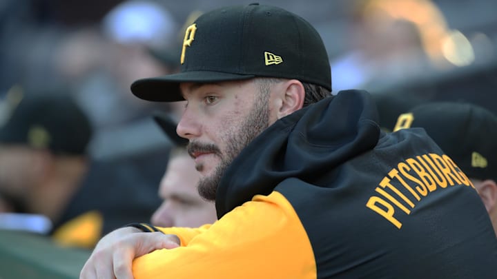 Apr 16, 2025; Pittsburgh, Pennsylvania, USA;  Pittsburgh Pirates pitcher Paul Skenes (30) looks on from the dugout against the Washington Nationals during the second inning at PNC Park. Mandatory Credit: Charles LeClaire-Imagn Images