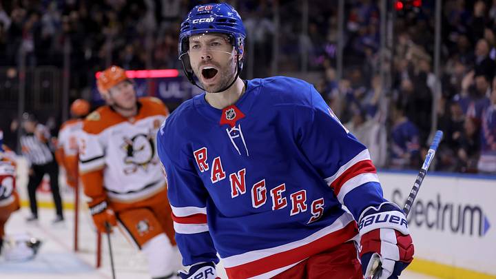 Oct 19, 2026; New York, New York, USA; New York Rangers right wing Oliver Bjorkstrand (28) celebrates his goal against the Anaheim Ducks during the second period at Madison Square Garden. Mandatory Credit: Brad Penner-Imagn Images