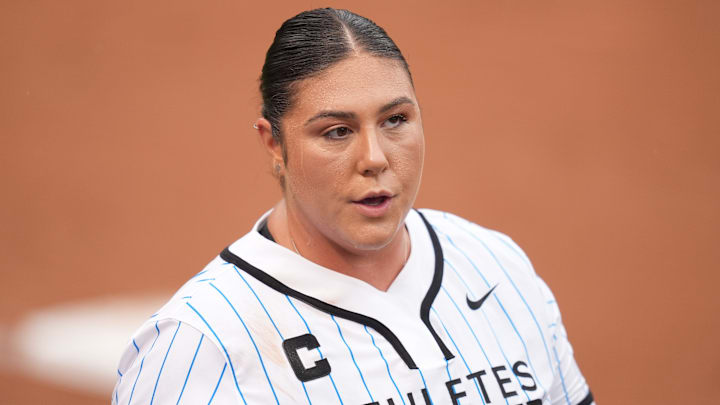 Bandits pitcher Taylor McQuillin plays the role of the eponymous team captain during an Athletes Unlimited Pro (now known as the All-Star Cup) game against Team Kilfoyl at Max R. Joyner Family Stadium on August 7, 2024 in Greenville, N.C.