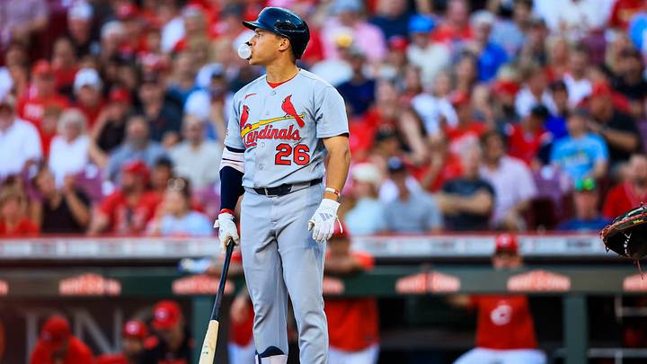 Aug 18, 2026; Cincinnati, Ohio, USA; St. Louis Cardinals second baseman JJ Wetherholt (26) stands at the plate after striking out in the third inning against the Cincinnati Reds at Great American Ball Park. Mandatory Credit: Katie Stratman-Imagn Images Aug 18, 2026; Cincinnati, Ohio, USA; St. Louis Cardinals second baseman JJ Wetherholt (26) stands at the plate after striking out in the third inning against the Cincinnati Reds at Great American Ball Park. Mandatory Credit: Katie Stratman-Imagn Images