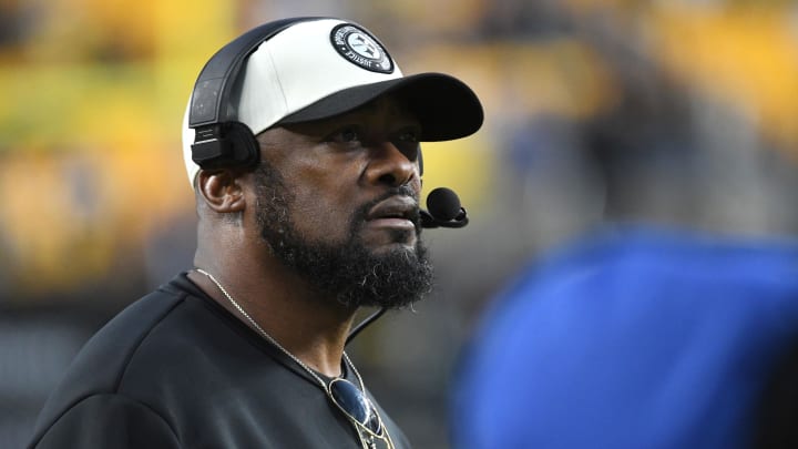 Dec 3, 2023; Pittsburgh, Pennsylvania, USA;  Pittsburgh Steelers head coach Mike Tomlin watches a replay against the Arizona Cardinals at Acrisure Stadium. Mandatory Credit: Philip G. Pavely-USA TODAY Sports