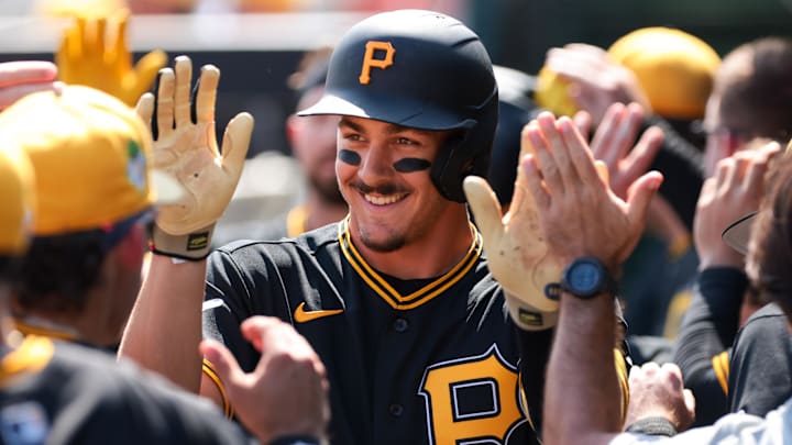 Mar 1, 2026; Jupiter, Florida, USA; Pittsburgh Pirates shortstop Konnor Griffin (75) celebrates after hitting a two-run home run against the St. Louis Cardinals during the first inning at Roger Dean Chevrolet Stadium. Mandatory Credit: Sam Navarro-Imagn Images