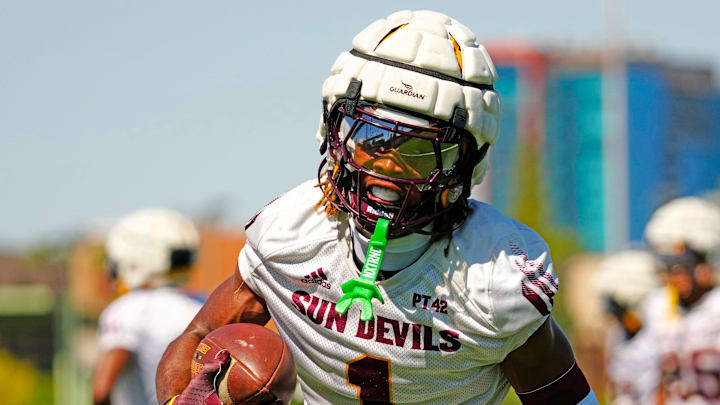 Arizona State defensive back Keith Abney II (1) runs back after a catch during the first day of fall practice in Tempe, Ariz. on July 30, 2025.