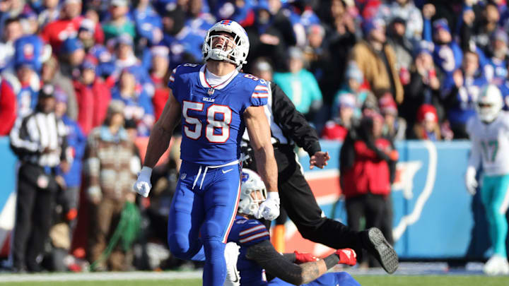 Bills linebacker Matt Milano celebrates one of four sacks of Miami   s Skylar Thompson.