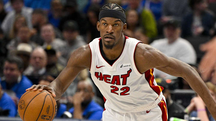 Mar 7, 2024; Dallas, Texas, USA; Miami Heat forward Jimmy Butler (22) looks to move the ball against the Dallas Mavericks during the first half at the American Airlines Center. Mandatory Credit: Jerome Miron-Imagn Images Mar 7, 2024; Dallas, Texas, USA; Miami Heat forward Jimmy Butler (22) looks to move the ball against the Dallas Mavericks during the first half at the American Airlines Center. Mandatory Credit: Jerome Miron-Imagn Images