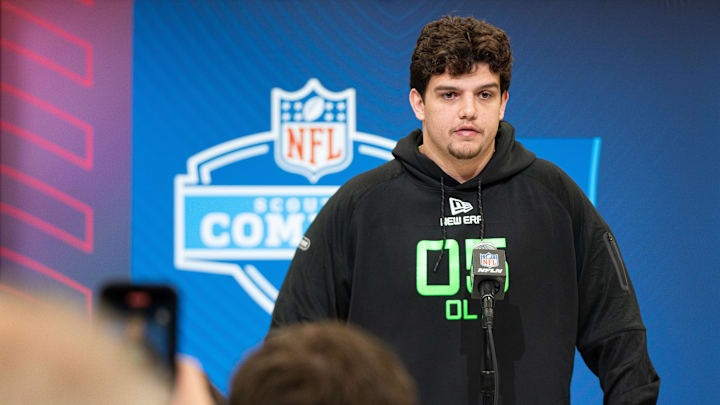 Mar 1, 2025; Indianapolis, IN, USA; Louisiana State University offensive lineman Will Campbell (OL05) answers questions at a press conference during the 2025 NFL Combine at Indiana Convention Center. Mandatory Credit: Jacob Musselman-Imagn Images