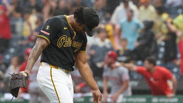Jun 27, 2026; Pittsburgh, Pennsylvania, USA;  Pittsburgh Pirates relief pitcher Gregory Soto (31) reacts after surrendering a three run home run to Cincinnati Reds designated hitter Eugenio Suárez (not p[ictured) during the ninth inning at PNC Park. Mandatory Credit: Charles LeClaire-Imagn Images