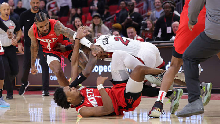 Jalen Green, Terry Rozier and Amen Thompson involved in an on-court altercation during Miami Heat vs. Houston Rockets.