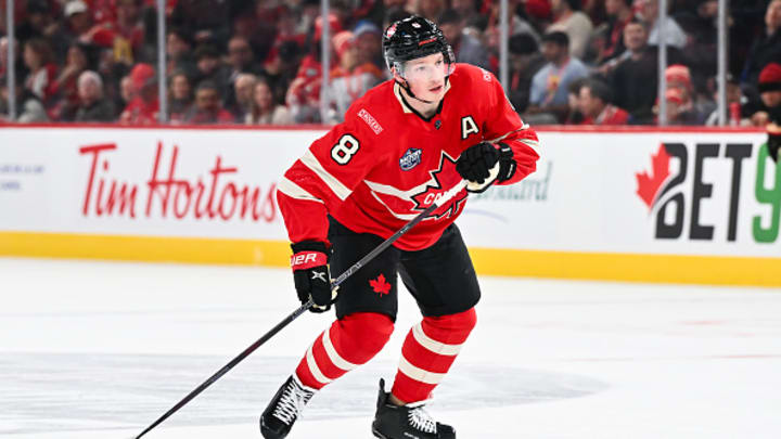 Team Canada defenseman Cale Makar skates in the game against Sweden at the 4-Nations Face-Off.