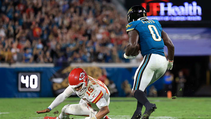 Patrick Mahomes could not tackle Devin Lloyd after throwing an interception on the goal line. 