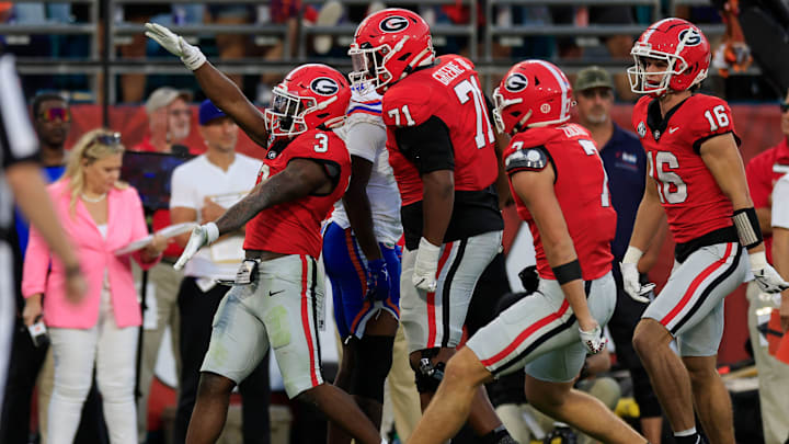 Georgia Bulldogs running back Nate Frazier (3) reacts to his touchdown that caused a penalty for unsportsmanlike conduct with the Gator Chomp during the third quarter of an NCAA college football matchup Saturday, Nov. 2, 2024 at EverBank Stadium in Jacksonville, Fla. The Georgia Bulldogs defeated the Florida Gators 34-20. [Corey Perrine/Florida Times-Union]