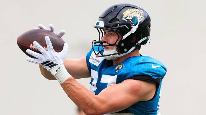 Jacksonville Jaguars tight end Nate Boerkircher (87) catches a pass during the sixth day of NFL training camp at the Miller Electric Center on Tuesday, Aug. 4, 2026, in Jacksonville, Fla. Jacksonville Jaguars tight end Nate Boerkircher (87) catches a pass during the sixth day of NFL training camp at the Miller Electric Center on Tuesday, Aug. 4, 2026, in Jacksonville, Fla.