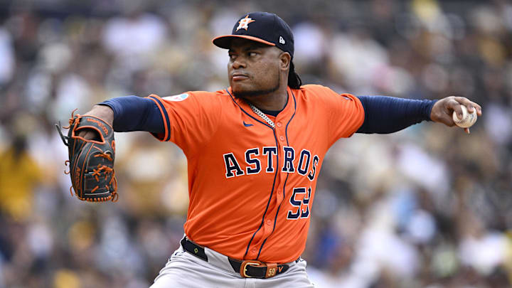 Sep 18, 2024; San Diego, California, USA; Houston Astros starting pitcher Framber Valdez (59) pitches against the San Diego Padres during the first inning at Petco Park.