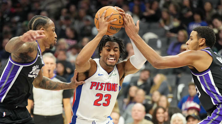 Dec 26, 2024; Sacramento, California, USA; Detroit Pistons guard Jaden Ivey (23) drives in against the Sacramento Kings during the second quarter at Golden 1 Center. Mandatory Credit: Kelley L Cox-Imagn Images