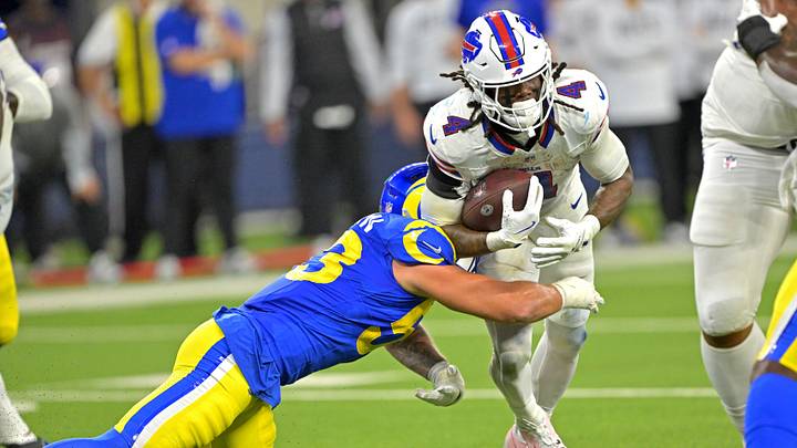 Oct 12, 2026; Inglewood, California, USA; Los Angeles Rams linebacker Nate Landman (53) forces a fumble by Buffalo Bills running back James Cook Oct 12, 2026; Inglewood, California, USA; Los Angeles Rams linebacker Nate Landman (53) forces a fumble by Buffalo Bills running back James Cook