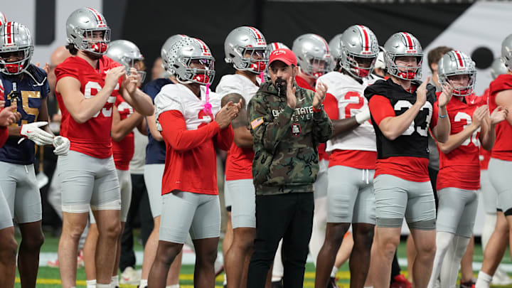 Jan 18, 2025; Atlanta, GA, USA; Ohio State Buckeyes coach Ryan Day during practice at Mercedes-Benz Stadium. Mandatory Credit: Kirby Lee-Imagn Images