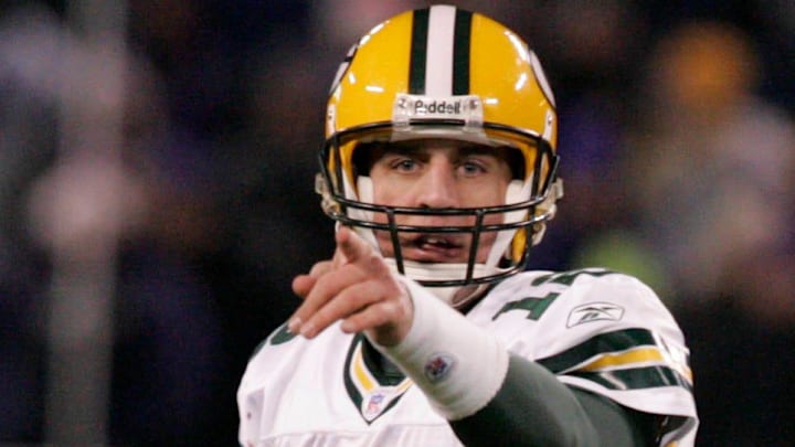 Rookie quarterback Aaron Rodgers looks for an open receiver