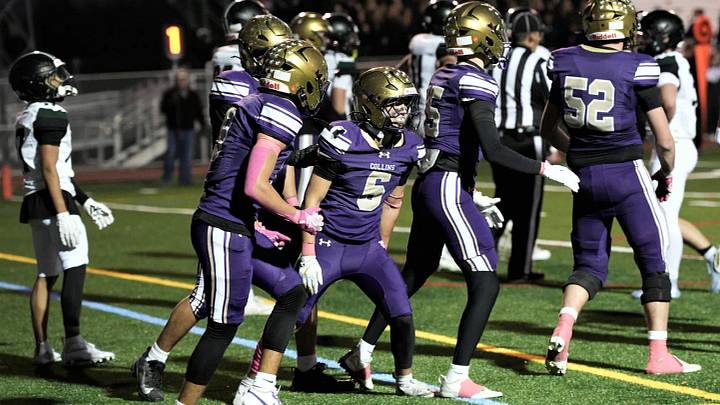 Fort Collins' Diego Romero (6, middle) reacts emphatically with teammates after scoring a touchdown during the Lambkins' win against Fossil Ridge on Oct. 16, 2026.