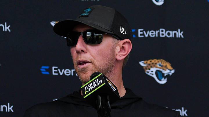 Jacksonville Jaguars head coach Liam Coen talks with the media after the Jaguars final Organized Team Activity on Monday, June 15, 2026 at the Miller Electric Center in Jacksonville, Fla. [Doug Engle/Florida Times-Union]