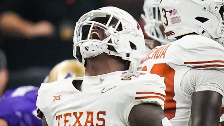 Texas Longhorns defensive end Justice Finkley (1) celebrates after a play in the second quarter of the Sugar Bowl College Football Playoff semi-finals at the Ceasars Superdome in New Orleans, Louisiana, Jan. 1, 2024. The Texas Longhorns take on the Washington Huskies for a spot in the College Football Playoff Finals.