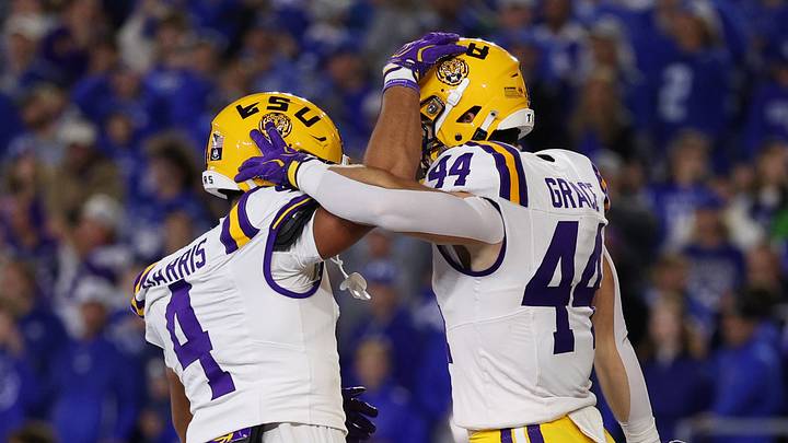 Oct 10, 2026; Lexington, Kentucky, USA; LSU Tigers wide receiver Jackson Harris (4) congratulates tight end Zach Grace (44) after he scored a touchdown against the Kentucky Wildcats at Kroger Field. Mandatory Credit: Jordan Prather-Imagn Images Oct 10, 2026; Lexington, Kentucky, USA; LSU Tigers wide receiver Jackson Harris (4) congratulates tight end Zach Grace (44) after he scored a touchdown against the Kentucky Wildcats at Kroger Field. Mandatory Credit: Jordan Prather-Imagn Images