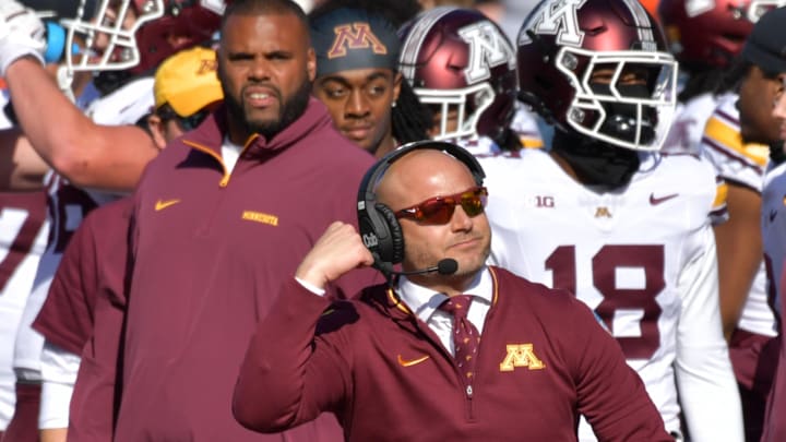 Nov 2, 2024; Champaign, Illinois, USA; Minnesota Golden Gophers head coach P.J. Fleck during the second half against the Illinois Fighting Illini at Memorial Stadium. Mandatory Credit: Ron Johnson-Imagn Images Nov 2, 2024; Champaign, Illinois, USA; Minnesota Golden Gophers head coach P.J. Fleck during the second half against the Illinois Fighting Illini at Memorial Stadium. Mandatory Credit: Ron Johnson-Imagn Images