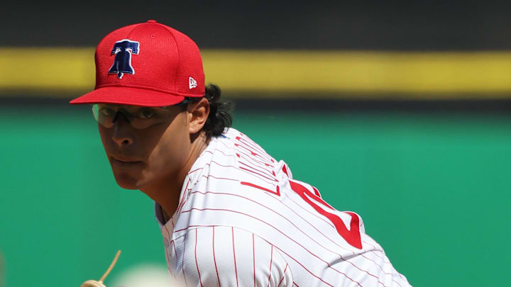 Philadelphia Phillies starting pitcher Jesus Luzardo (44) throws a pitch before the first inning against the Boston Red Sox at BayCare Ballpark in 2025.