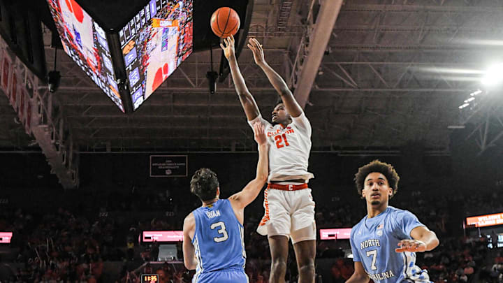 Jan 6, 2024; Clemson, South Carolina, USA; Clemson sophomore forward Chauncey Wiggins (21) shoots