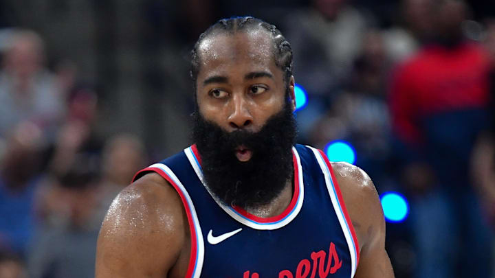 April 24, 2025; Inglewood, California, USA; Los Angeles Clippers guard James Harden (1) reacts after scoring a three point basket against the Denver Nuggets during the first half of game three in the first round for the 2024 NBA Playoffs at Intuit Dome.