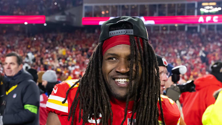 Jan 26, 2025; Kansas City, MO, USA; Kansas City Chiefs linebacker Nick Bolton (32) celebrates after defeating the Buffalo Bills in the AFC Championship game at GEHA Field at Arrowhead Stadium. Mandatory Credit: Mark J. Rebilas-Imagn Images