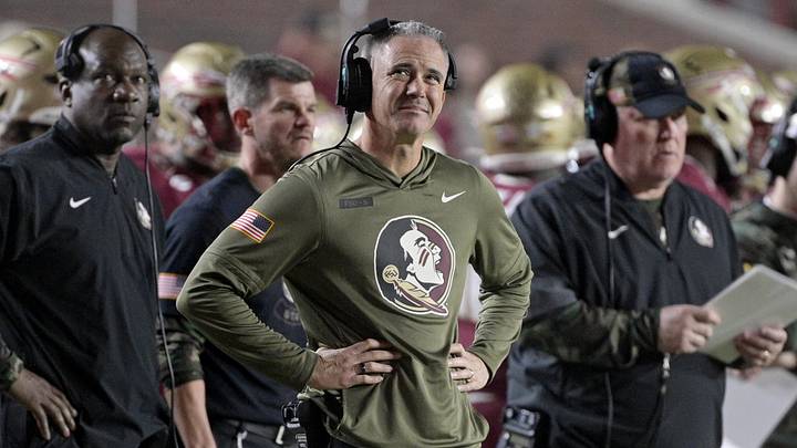 Nov 15, 2025; Tallahassee, Florida, USA; Florida State Seminoles head coach Mike Norvell during the second half against the Virginia Tech Hokies at Doak S. Campbell Stadium. Mandatory Credit: Melina Myers-Imagn Images