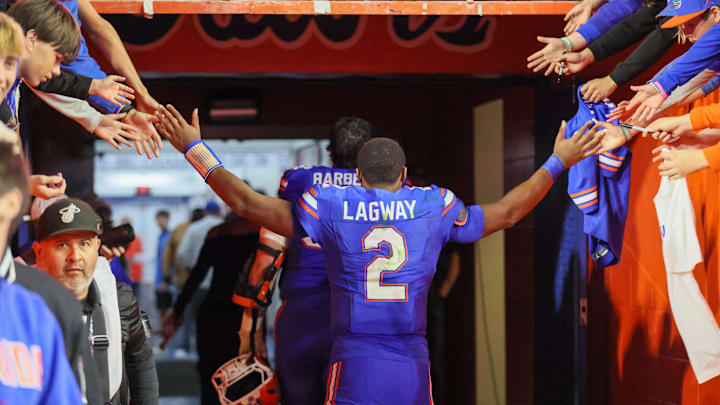 Florida quarterback DJ Lagway (2) leaves the field after beating Florida State 40-21 during an NCAA football game at Steve Spurrier Field at Ben Hill Griffin Stadium in Gainesville, FL on Saturday, November 29, Florida beat Florida State 40-21.2025. [Alan Youngblood/Gainesville Sun]