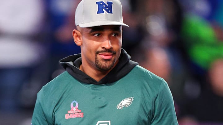 Feb 1, 2024; Orlando, FL, USA;  Philadelphia Eagles quarterback Jalen Hurts (1) participates in the