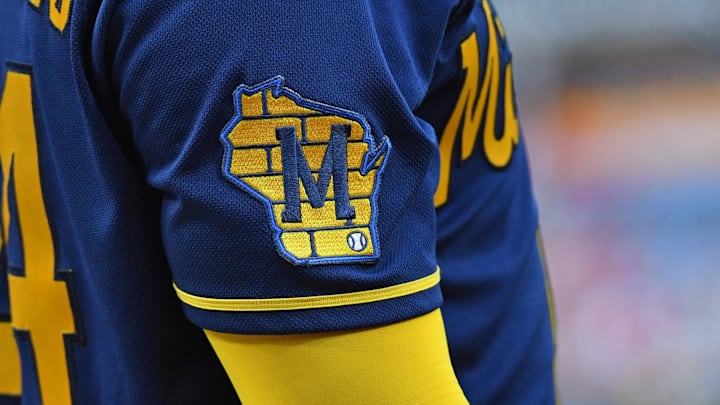 Jul 19, 2023; Philadelphia, Pennsylvania, USA; Milwaukee Brewers logo patch on the jersey of catcher William Contreras (24) against the Philadelphia Phillies Citizens Bank Park. Mandatory Credit: Eric Hartline-Imagn Images Jul 19, 2023; Philadelphia, Pennsylvania, USA; Milwaukee Brewers logo patch on the jersey of catcher William Contreras (24) against the Philadelphia Phillies Citizens Bank Park. Mandatory Credit: Eric Hartline-Imagn Images