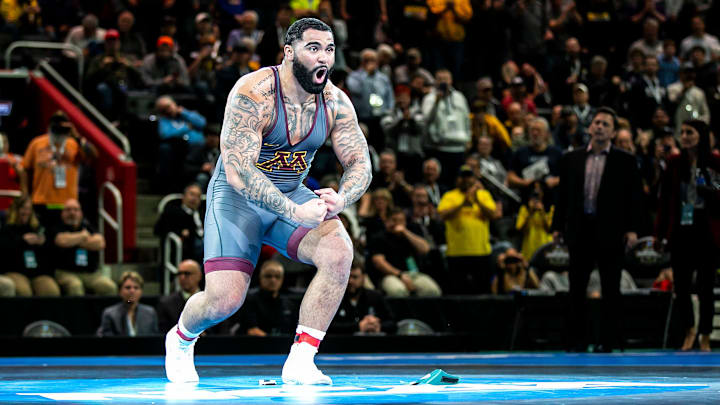 Minnesota's Gable Steveson reacts after his match at 285 pounds in the finals during the sixth session of the NCAA Division I Wrestling Championships, Saturday, March 19, 2022, at Little Caesars Arena in Detroit, Mich.