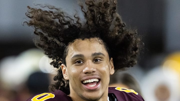 Nov 28, 2025; Tempe, Arizona, USA; Arizona State Sun Devils wide receiver Jordyn Tyson (0) against the Arizona Wildcats during the 99th Territorial Cup at Mountain America Stadium. Mandatory Credit: Mark J. Rebilas-Imagn Images