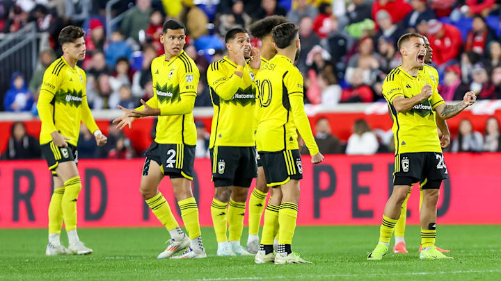 Nov 3, 2024; Harrison, New Jersey, USA; Columbus Crew reacts after a converted penalty kick against the New York Red Bulls in penalty kicks during a 2024 MLS Cup Playoffs Round One match at Red Bull Arena. Mandatory Credit: Tom Horak-Imagn Images