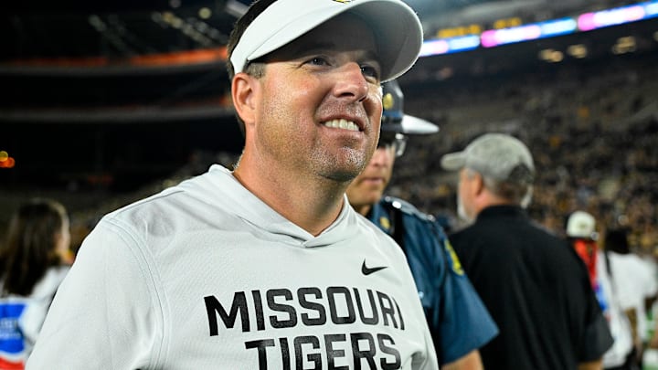 Missouri Tigers head coach Eliah Drinkwitz looks to his team, after a game versus the South Carolina Gamecocks this season.