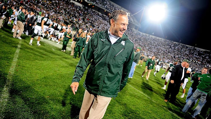 Sept. 18, 2010; East Lansing, MI, USA; Michigan State Spartans head coach Mark Dantonio walks off the field after defeating the Notre Dame Fighting Irish 34-31 in overtime at Spartan Stadium. Mandatory Credit: Andrew Weber-USA TODAY Sports