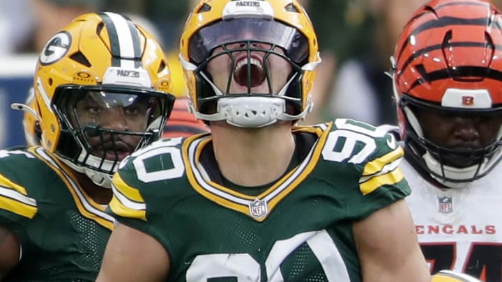 Oct 12, 2025; Green Bay, Wisconsin, USA; Green Bay Packers defensive end Lukas Van Ness (90) celebrates after sacking Cincinnati Bengals quarterback Joe Flacco (16) during the game at Lambeau Field. Mandatory Credit: William Glasheen-USA TODAY Network via Imagn Images Oct 12, 2025; Green Bay, Wisconsin, USA; Green Bay Packers defensive end Lukas Van Ness (90) celebrates after sacking Cincinnati Bengals quarterback Joe Flacco (16) during the game at Lambeau Field. Mandatory Credit: William Glasheen-USA TODAY Network via Imagn Images