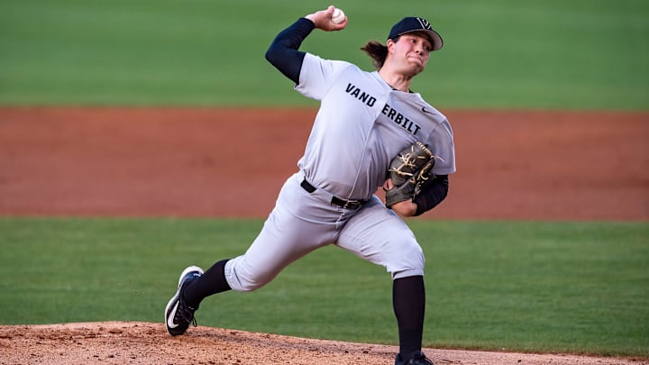 Commodores starting pitcher Bryce Cunningham 97 on the mound as the LSU Tigers take on the Vanderbilt Commodores at Alex Box Stadium in Baton Rouge LA. Friday, April 5, 2024.