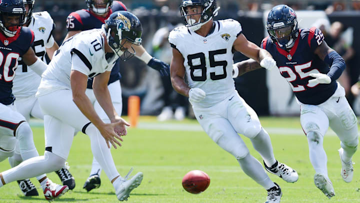 Jacksonville Jaguars place kicker Brandon McManus (10) tries to recover his blocked field goal