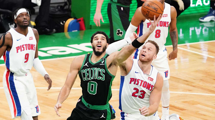Feb 12, 2021; Boston, Massachusetts, USA; Boston Celtics forward Jayson Tatum (0) shoots against Detroit Pistons forward Blake Griffin (23) in the first quarter at TD Garden. Mandatory Credit: David Butler II-Imagn Images Feb 12, 2021; Boston, Massachusetts, USA; Boston Celtics forward Jayson Tatum (0) shoots against Detroit Pistons forward Blake Griffin (23) in the first quarter at TD Garden. Mandatory Credit: David Butler II-Imagn Images