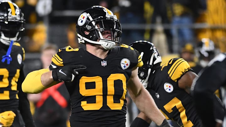 Dec 7, 2023; Pittsburgh, Pennsylvania, USA; Pittsburgh Steelers linebacker T.J. Watt (90) celebrates a tackle during the fourth quarter at Acrisure Stadium.