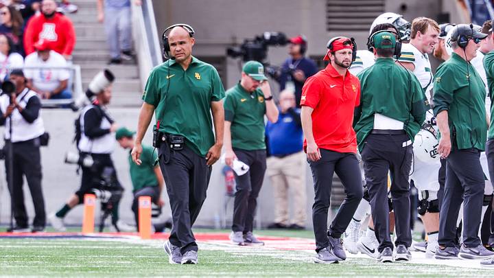 Nov 22, 2025; Tucson, Arizona, USA; Baylor Bears head coach Dave Aranda walks down the sidelines during the second quarter of the game against the Arizona Wildcats at Casino Del Sol Stadium. Mandatory Credit: Aryanna Frank Nov 22, 2025; Tucson, Arizona, USA; Baylor Bears head coach Dave Aranda walks down the sidelines during the second quarter of the game against the Arizona Wildcats at Casino Del Sol Stadium. Mandatory Credit: Aryanna Frank