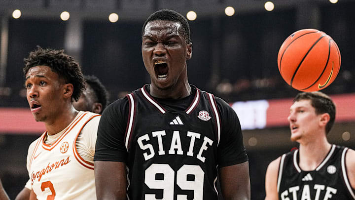 Mississippi State's Achor Achor reacts during the Bulldogs' SEC game against Texas.