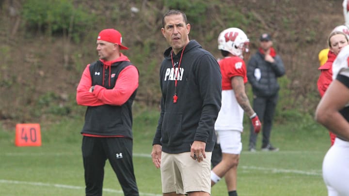 Wisconsin football coach Luke Fickell watches the team's 10th spring practice, which was held on a practice field north of Camp Randall Stadium in Madison, Wisconsin on Saturday April 20, 2024.
