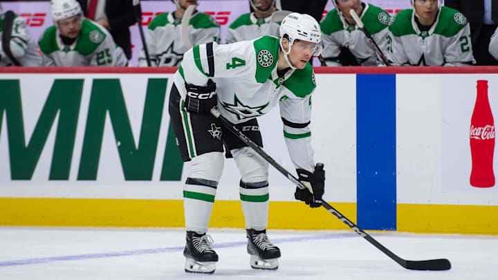 Jan 12, 2025; Ottawa, Ontario, CAN; Dallas Stars defenseman Miro Heiskanen (4) gets in position for a faceoff in the second period against the Ottawa Senators at the Canadian Tire Centre. Mandatory Credit: Marc DesRosiers-Imagn Images